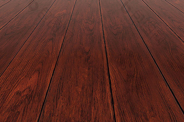 黑暗棕色（的）木背景的角度来看视图木地板上厚桌子插图渲染