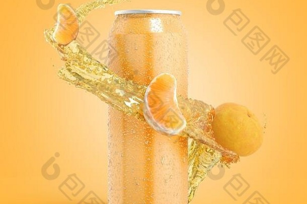 铁罐中的橘子水果苏打水可以在瓶子周围溅上水果片，颜色渐变