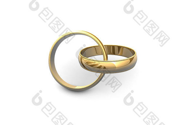 白色背景上的金色结婚戒指。