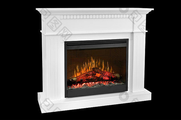 白色木壁炉咆哮的火焰经典优雅的设计孤立的黑色的背景剪裁路径包括壁炉一块家具
