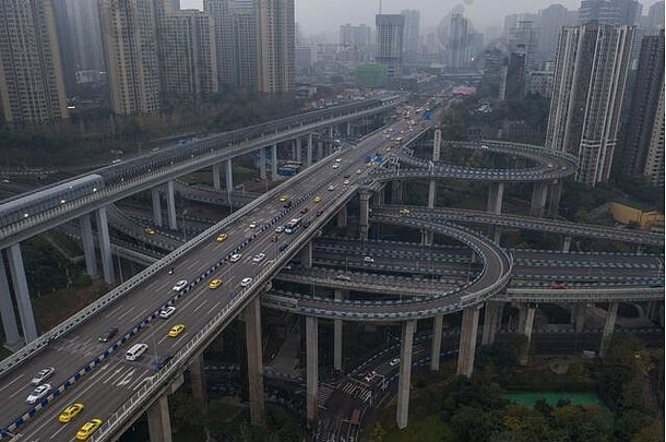 中国重庆峨公岩大桥立交公路空中无人机拍摄