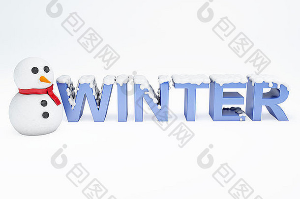 三维雪人图像和冬季文本。白色背景下的度假概念