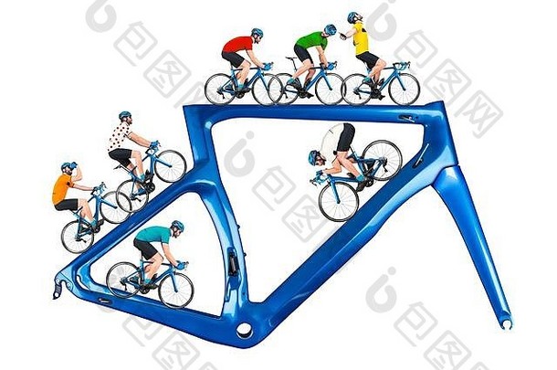 自行车路赛车之旅概念骑自行车的人竞争泽西岛比赛自行车骑现代蓝色的碳框架孤立的白色背景
