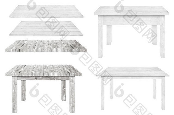 白色和不同风格的木桌被隔离在白色背景上