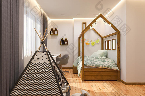 3d渲染斯堪的纳维亚风格的儿童游戏室和卧室