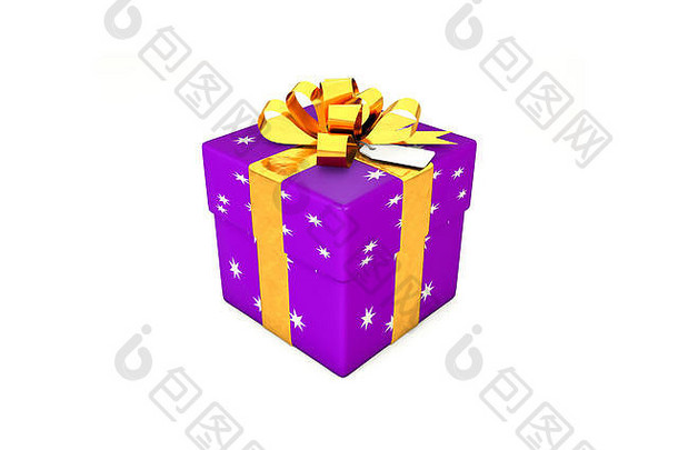 3d插图：紫色-紫色礼品盒，带有星星、金色金属丝带/蝴蝶结和白色背景上的标签。