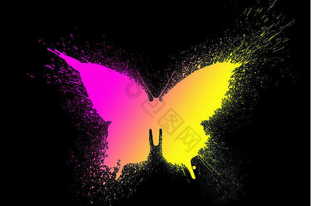 蝴蝶剪影，有着美丽的多色和明亮的渐变，在黑色背景上隔离。