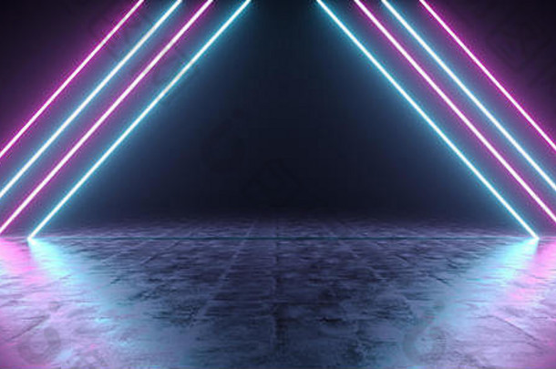 未来主义的sci三角形形状的紫色的蓝色的霓虹灯发光的灯空黑暗房间混凝土地板上反射呈现树脂