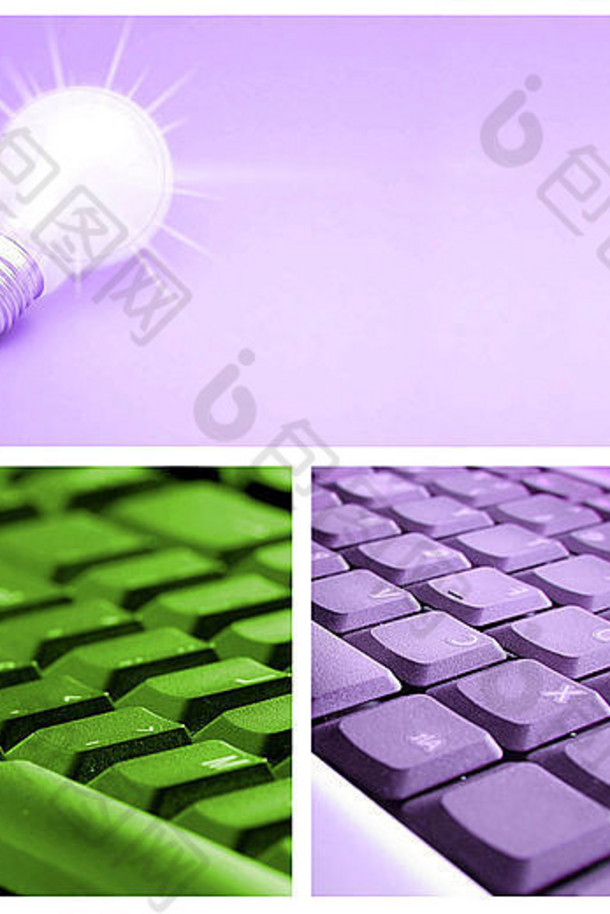 技术拼贴：灯泡，键盘，手机。