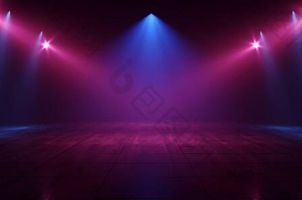 霓虹灯复古砖墙俱乐部薄雾昏暗雾气弥漫的空走廊房间车库工作室舞蹈发光的蓝紫色聚光灯混凝土地板3D Renderin
