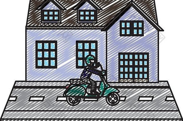 涂鸦城市房子男人。摩托车街