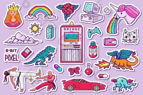 像素艺术8位对象。复古数字游戏资产。一组粉红色的时尚图标。复古少女贴纸。街机电脑视频。恐龙