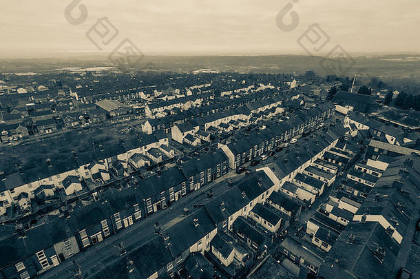 空中视图贫困受损的区域汤斯顿chell希斯斯托克城特伦特街道梯田住房城市下降可怜的区域