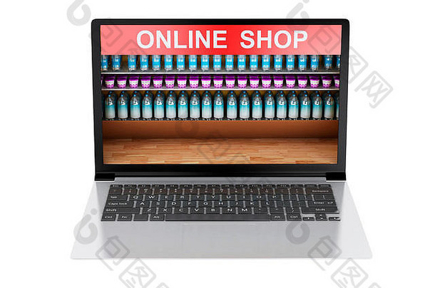 3d渲染器图像。网上购物市场。网上购物的概念。孤立的白色背景。