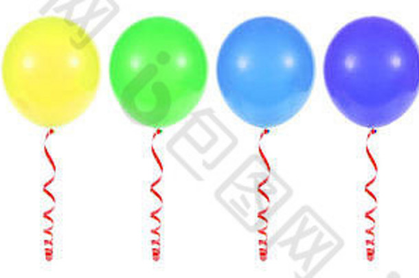 五彩缤纷的气球系红色的丝带浮动白色背景