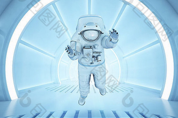 科幻内部-一名宇航员通过一扇敞开的大门走进。