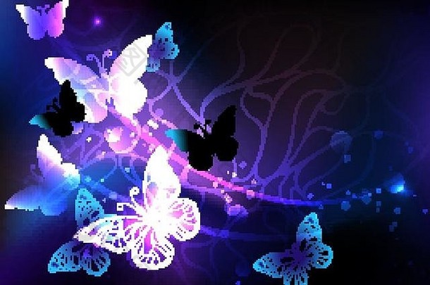 黑色背景，夜光闪烁的蝴蝶。夜蝶。蝴蝶图案。