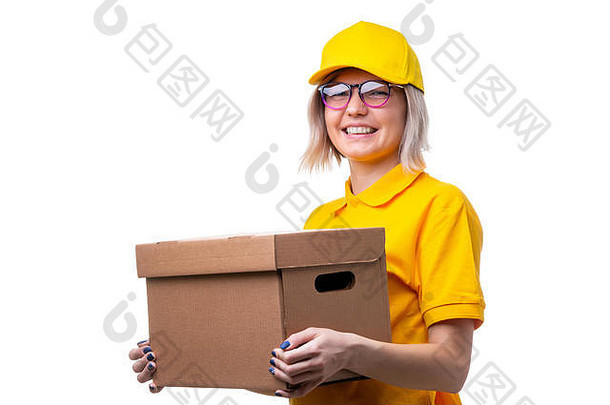 图像<strong>快递</strong>女人眼镜黄色的t恤纸板盒子手
