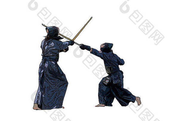 日本剑道战士竹子剑白色背景