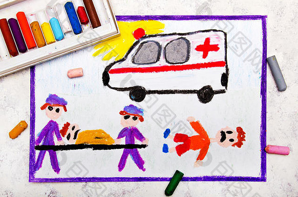 色彩斑斓的手画救护车护理人员事故受害者