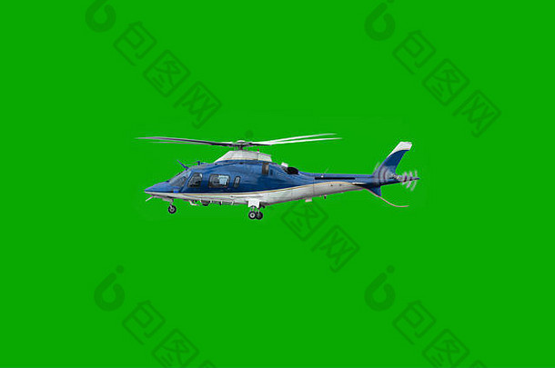 白色蓝色的直升机飞行着陆着陆齿轮孤立的浓度绿色背景