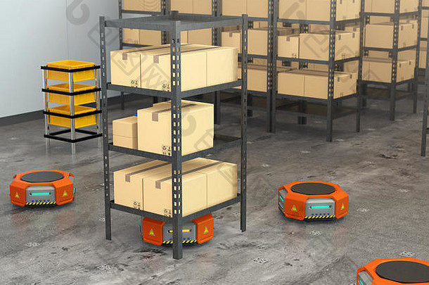 橙色机器人在现代仓库中搬运托盘货物。现代配送中心概念。三维渲染图像。