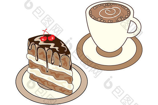 插图午餐时间零食包括杯咖啡片感伤的巧克力蛋糕白色背景
