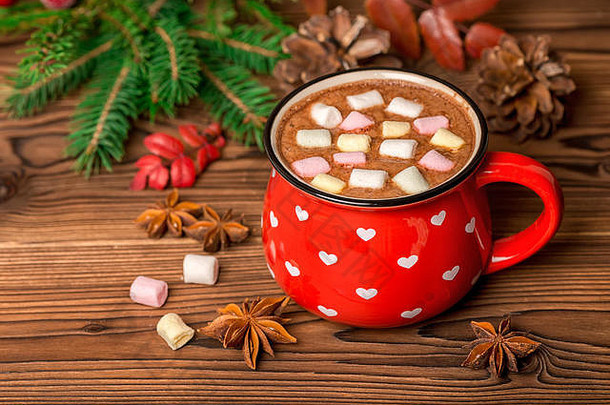 热巧克力棉花糖糖果木背景装饰圣诞节树分支视锥细胞anis问候卡