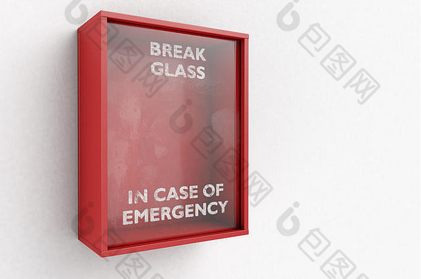 一个空的红色应急箱，在一个孤立的背景上，正面有一个应急易碎玻璃盒-3D渲染