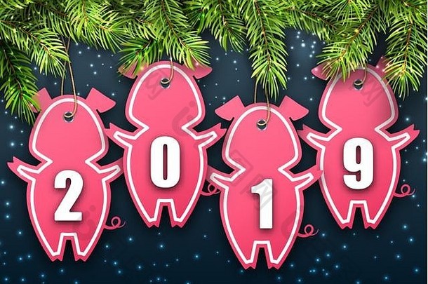 2019年快乐新年用冷杉云杉和贴纸猪的庆祝壁纸