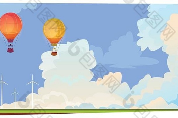 五颜六色的气球在夏季景观平面上空飞行