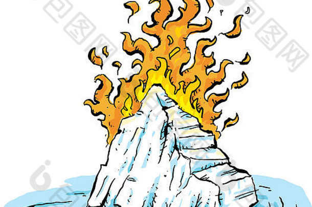 这幅漫画描绘的是漂浮在水中的冰冷冰山上燃烧着灼热的火焰。