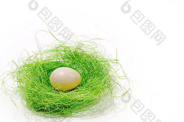 绿色巢中的一个小白鸽蛋