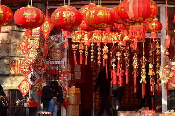 中国人一年市场红色的灯笼市中心泉州中国