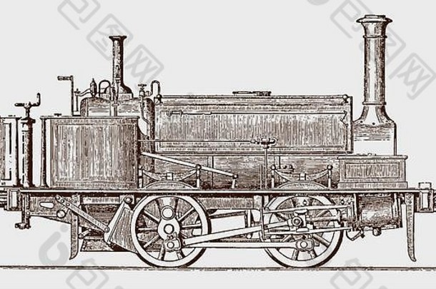 侧视图中的历史蒸汽机车发动机。19世纪雕刻后的插图