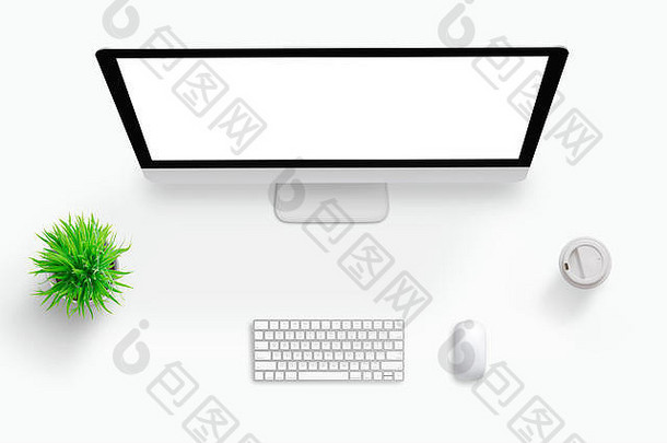 工作台的俯视图。计算机显示器，带隔离屏幕，用于模拟。旁边有植物、键盘、鼠标和咖啡。文本的中间可用空间。