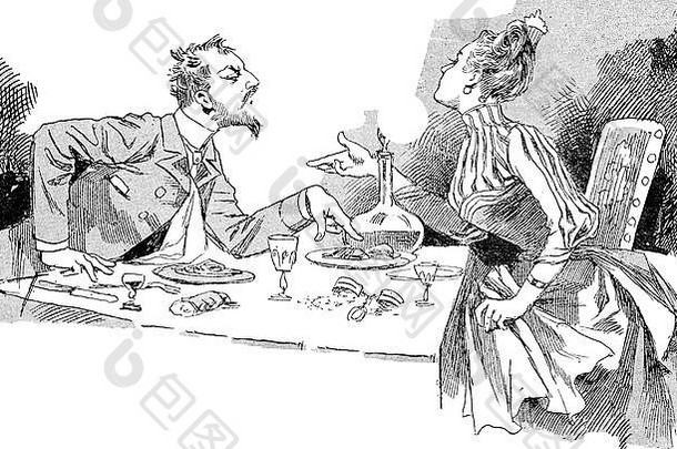 古董漫画夫妇争论表格冷漠食物喝