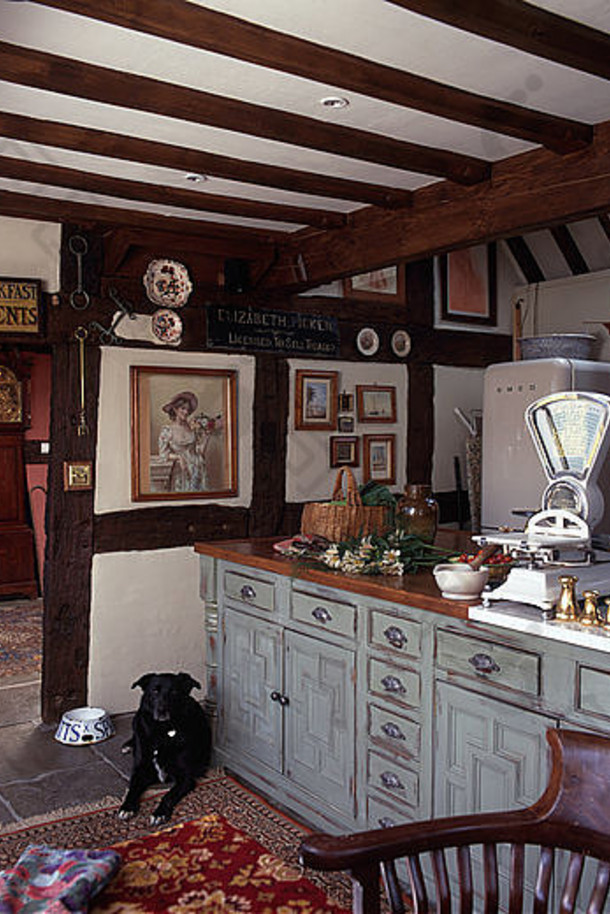 狗躺在90年代乡村厨房的石灰洗涤装置旁，工作台上有一个大型复古秤和砝码