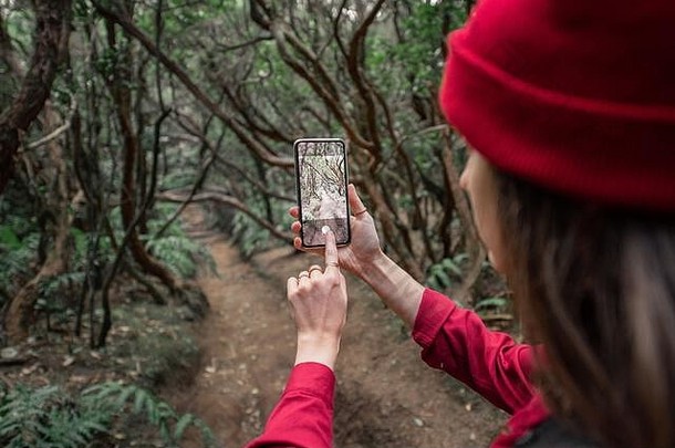 女人拍摄智能手机美丽的热带雨林旅行格林伍德tenerife岛西班牙