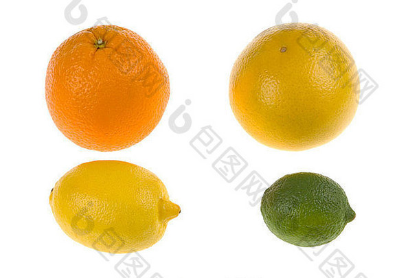 四种不同的全柑橘类水果，橙色，葡萄柚，柠檬和酸橙，纯白背景。