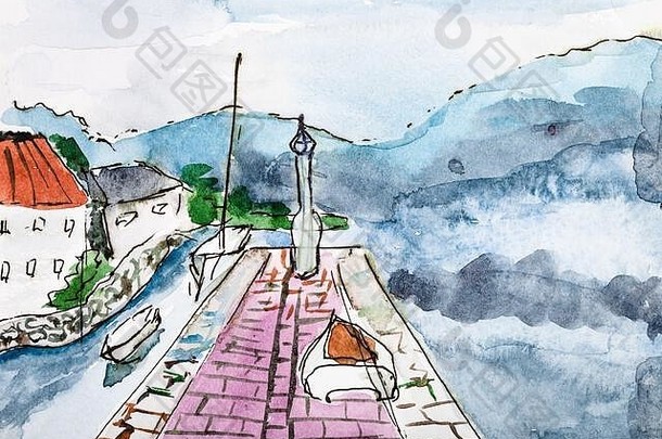夏季早晨，黑山科托镇（Kotor town）的一座码头在白色纹理纸上用水彩颜料手工绘制