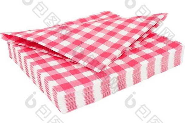 白色背景上隔离的红色方格图案餐巾纸
