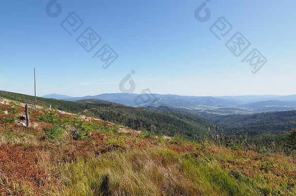 九月份波兰萨尔莫波尔山口附近的西里西亚贝斯基兹山脉景观全景图