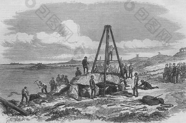 在格恩西岛的勒特里佩德克罗姆莱奇（Le Trepied cromlech）的顶峰升起。海峡群岛1870年。伦敦新闻画报