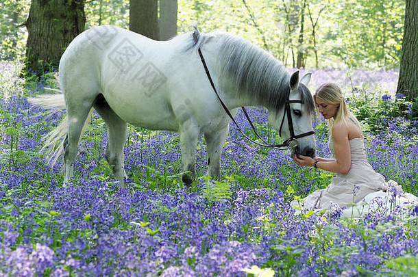 一位金发碧眼的年轻女子，骑着灰色的马，在一片令人惊叹的蓝色钟林中。