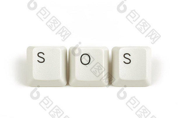 SOS文本来自白色背景上隔离的分散键盘键