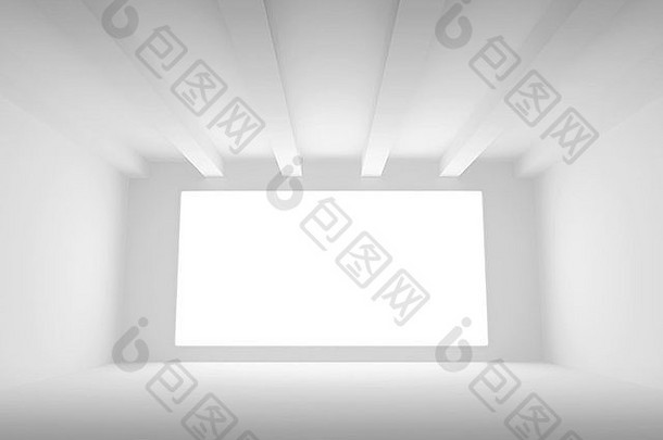 空的白色房间内部有光幕。抽象三维背景