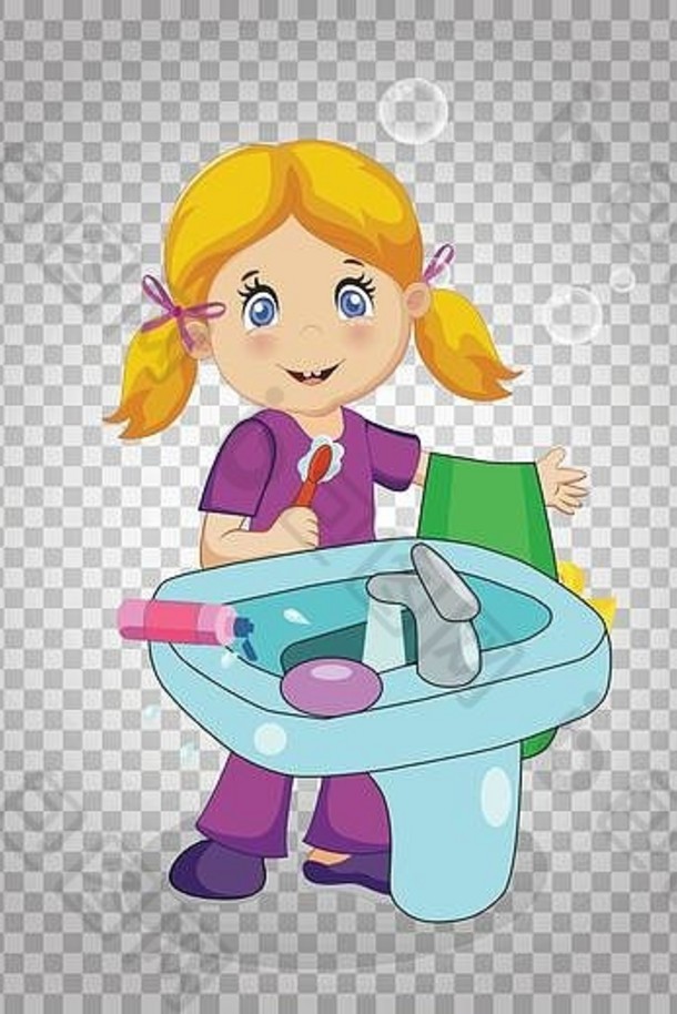 一个金发碧眼的小女孩，在浴室的水槽边刷牙，背景是透明的。手里拿着牙刷和毛巾。孩子们