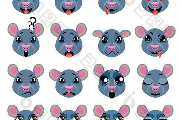 灰色老鼠表情符号表情表达。有趣可爱的动物