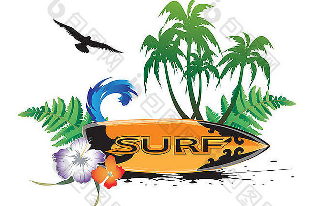 冲浪板，冲浪者，夏季，运动，棕榈树，花，水，海滩，波浪，夏季运动，休闲，